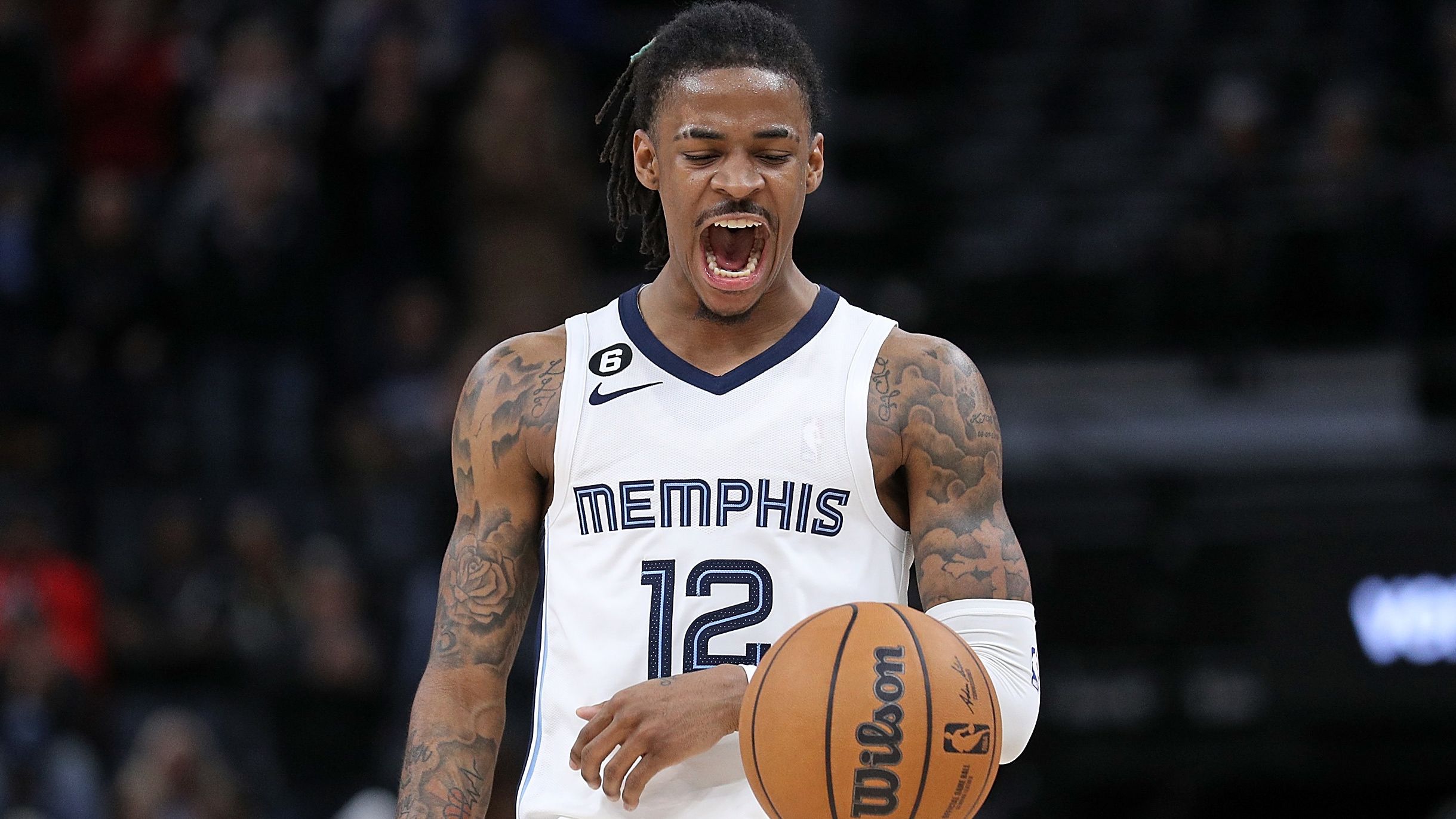 MEMPHIS, TENNESSEE - JANUARY 29: Ja Morant #12 of the Memphis Grizzlies reacts during the game against the Indiana Pacers at FedExForum on January 29, 2023 in Memphis, Tennessee. NOTE TO USER: User expressly acknowledges and agrees that, by downloading and or using this photograph, User is consenting to the terms and conditions of the Getty Images License Agreement. (Photo by Justin Ford/Getty Images)