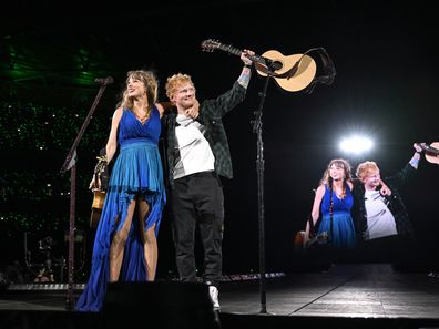 Ed Sheeran and Taylor Swift on stage at teh Eras Tour in London.