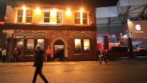 The altercation is believed to have occurred outside the Albert Pub, outside Anfield Stadium, before the match had started. Picture: AAP.