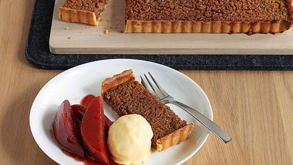 Treacle and chestnut tart with spiced quince burnt butter ice-cream