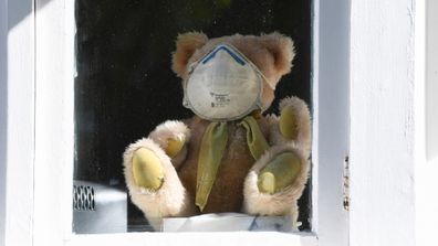 A teddy bear sits inside a window at a house wearing a face mask in Sydney.