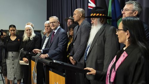 Prime Minister Anthony Albanese during a press conference at Parliament House in Canberra to reveal the wording of the Voice referendum question.