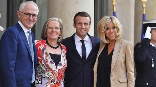 Malcolm Turnbull and wife Lucy met with President Macron and wife Brigitte in Paris in July 2017 (AP)