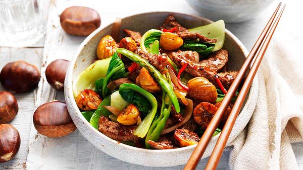 Chestnut, beef and bok choy stir-fry by Chestnuts Australia