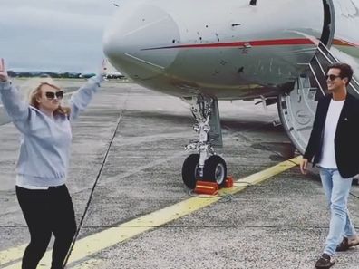 Rebel Wilson and Jacob Busch board a private jet to Ireland.
