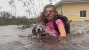 Julia Aylen wades through waist deep water carrying her pet dog as she is rescued from her flooded home during Hurricane Dorian in Freeport, Bahamas.