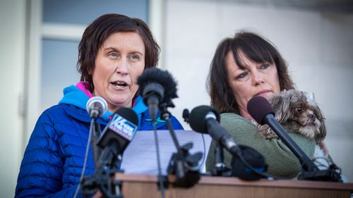 Jennifer Smith and Susie Allard, aunts of Jayme Closs, speak during a news conference on October 24, 2018.