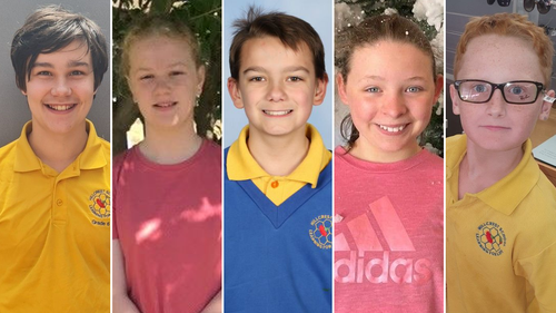 Les victimes de la tragédie du château gonflable de Devonport : (de gauche à droite) Zane Mellor, 12 ans ;  Addison Stewart, 11 ans;  Jye Sheehan, 12 ans ;  Jalailah Jayne-Maree Jones, 12 ans ;  Pierre Dodt, 12 ans. 