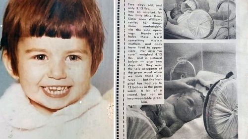 Wendy Monk as a small child (left) and (right) a newspaper clipping from The Bendigo Advertiser kept by her mother showing twins in the premature ward of the hospital where she was born. 