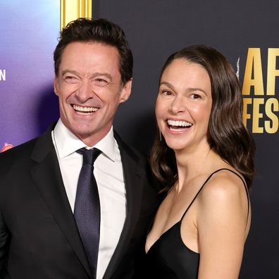 Hugh Jackman and Sutton Foster attend closing night gala premiere of Song Sung Blue during 2025 AFI FEST at TCL Chinese 6 Theatres on October 26, 2025 in Hollywood, California. 