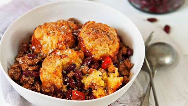 Turkey chilli with cornbread dumplings