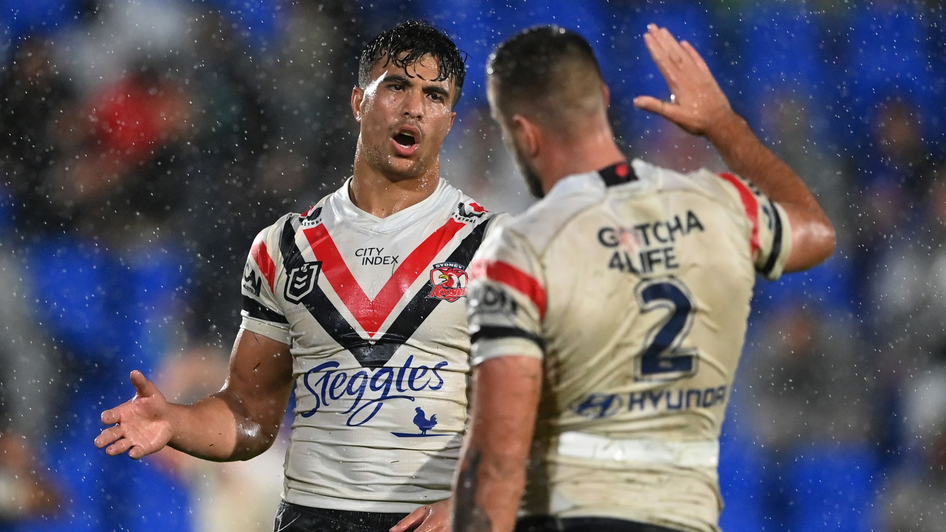 AUCKLAND, NEW ZEALAND - APRIL 30: Corey Allan and Joseph-Aukuso Suaalii celebrate after winning the round nine NRL match between New Zealand Warriors and Sydney Roosters at Mt Smart Stadium on April 30, 2023 in Auckland, New Zealand. (Photo by Hannah Peters/Getty Images)