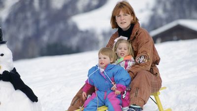 Duchess of York tobogganing with Beatrice and Eugenie, 1992