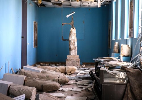 April 2016. Ancient statues damaged and vandalised by the ISIS terrorist group, in the National Museum of Palmyra. (Photo by Valery Sharifulin\TASS via Getty Images)