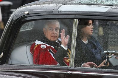 LONDON, ENGLAND - MAY 06: Prince Andrew, Duke of York and Princess Eugenie of York travelling in a state car during the Coronation of King Charles III and Queen Camilla on May 06, 2023 in London, England. The Coronation of Charles III and his wife, Camilla, as King and Queen of the United Kingdom of Great Britain and Northern Ireland, and the other Commonwealth realms takes place at Westminster Abbey today. Charles acceded to the throne on 8 September 2022, upon the death of his mother, Elizabet
