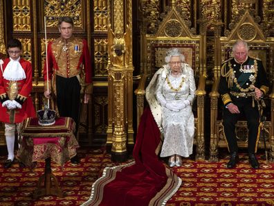 The Imperial State Crown sat on a table to Her Majesty's right.