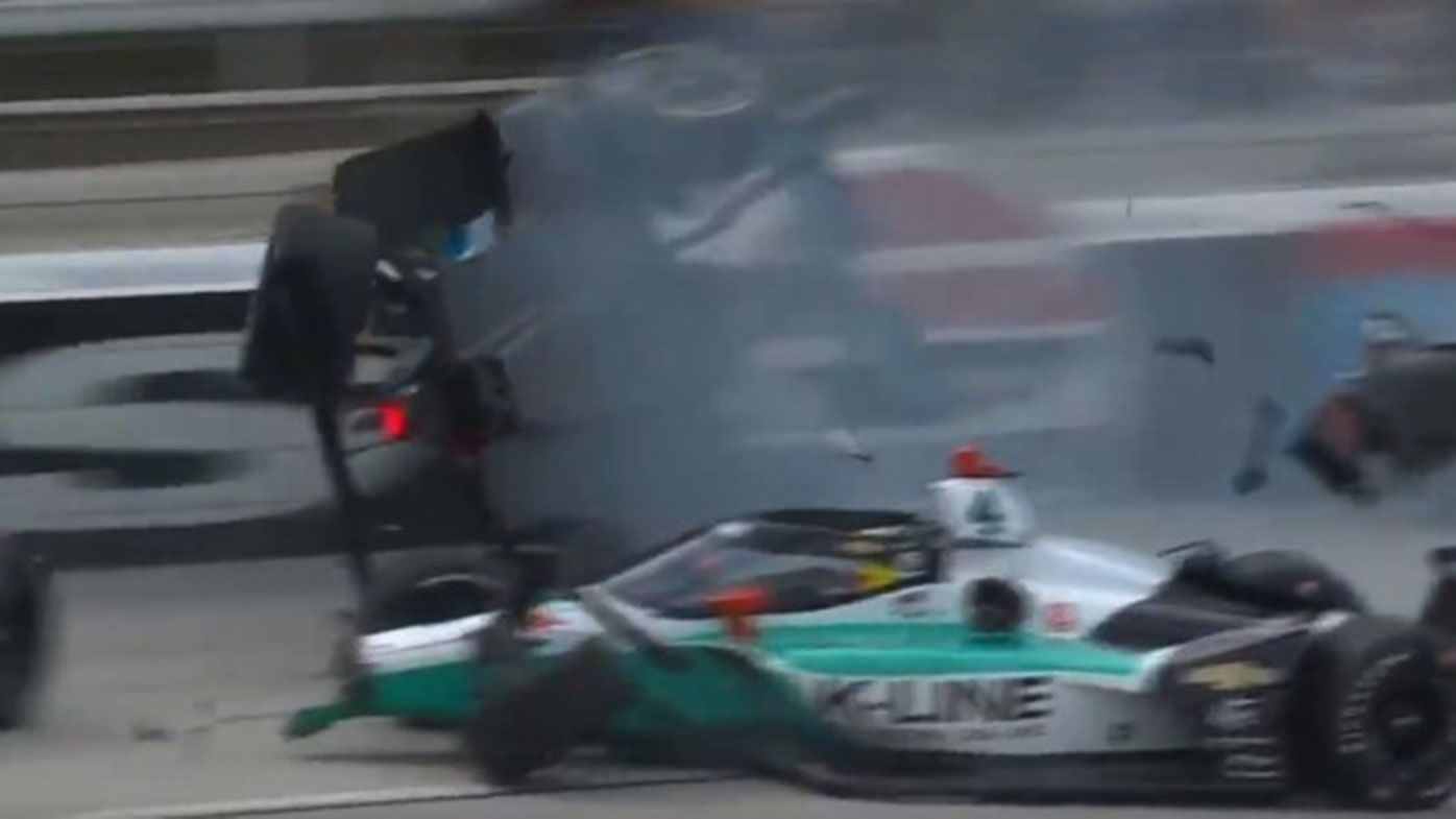 Conor Daly flies through the air after a huge crash at the start of the IndyCar race in Texas.