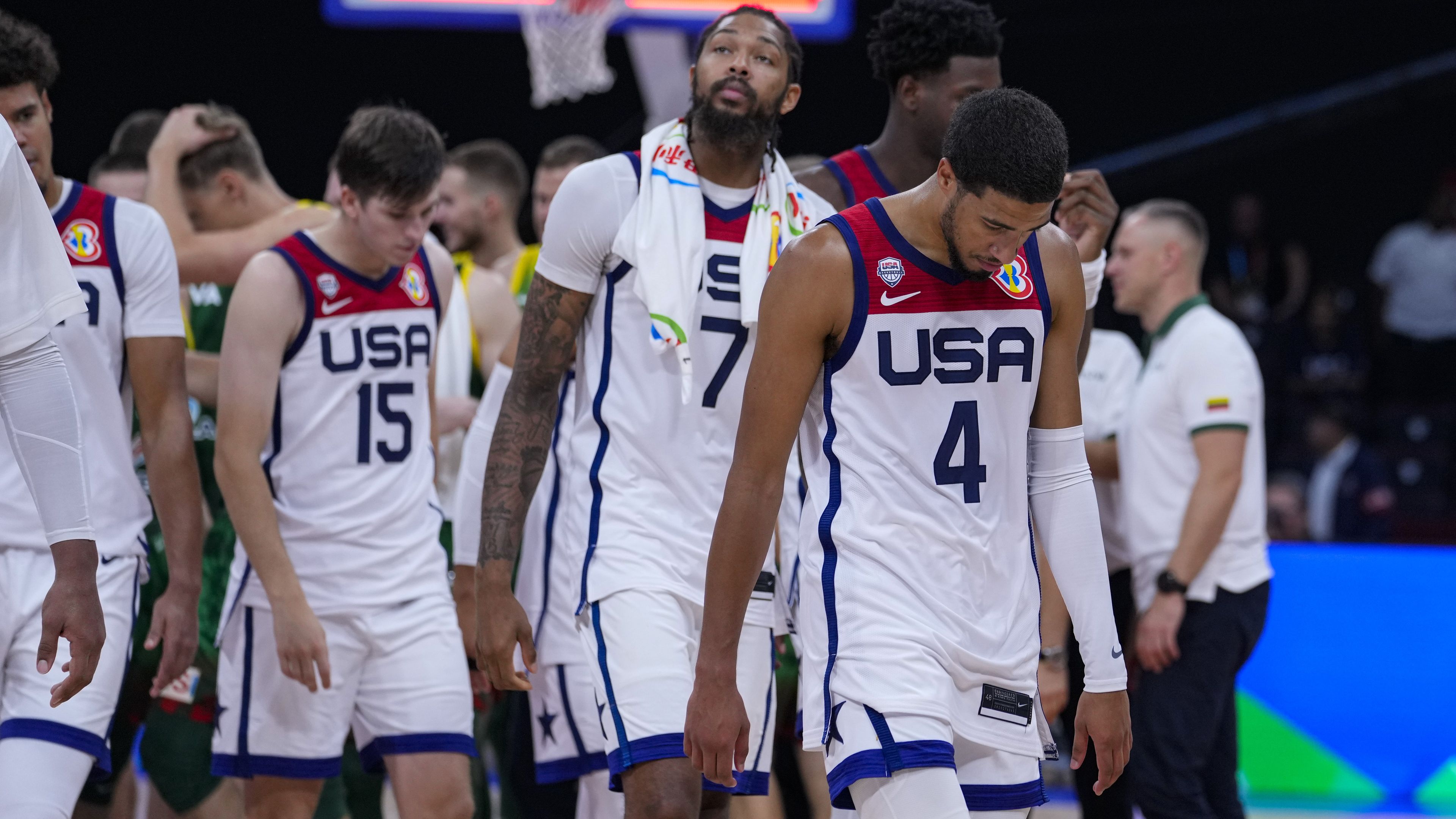 US guard Tyrese Haliburton leads the team off the court after a loss to Lithuania.
