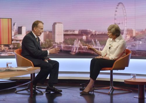 UK Prime Minister Theresa May has revealed Donald Trump told her to sue the EU over Brexit, on the Andrew Marr show on BBC. Picture: AAP