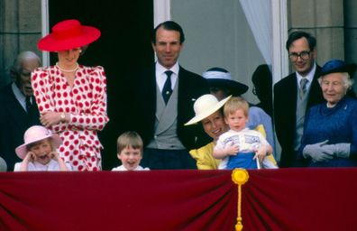 (L To R) Zara Phillips, Princess Diana, Prince William, Captain Mark Phillips, Princess Anne Holding Prince Harry,the Duke Of Gloucester On The Balcony Of Buckingham Palace After Trooping The Colour 14 June, 1986