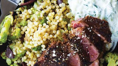 Lamb with tzatziki and roast broccoli pearl couscous