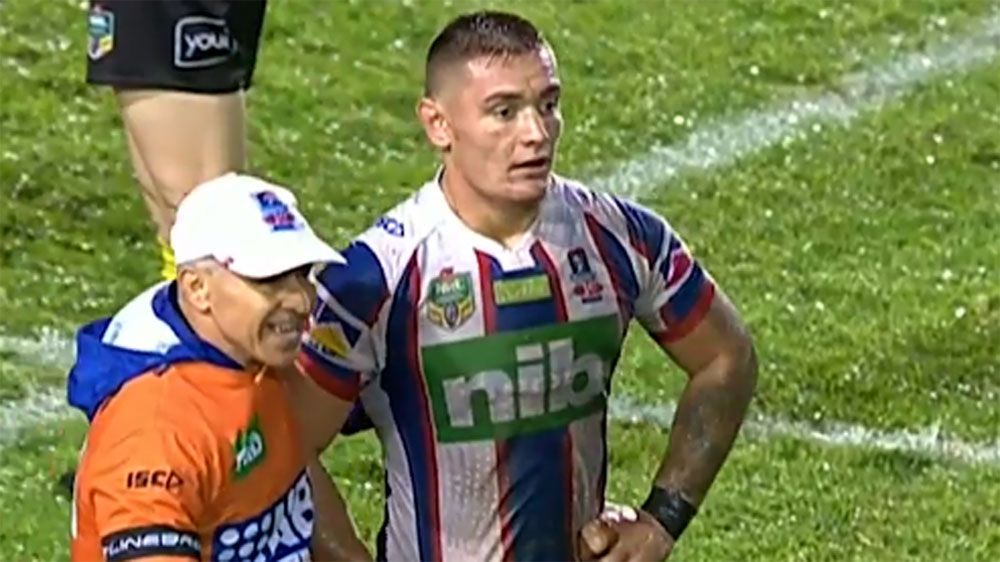 Newcastle Knights hooker Danny Levi cops falcon while going off for HIA assessment