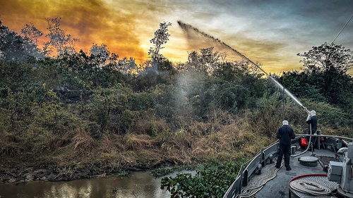 Bombeiros combatem um incêndio no Pantanal, Brasil, julho de 2024.