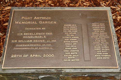 The plaque bearing the names of those who lost their lives is seen in the Memorial Garden in the Port Arthur Historical Site.