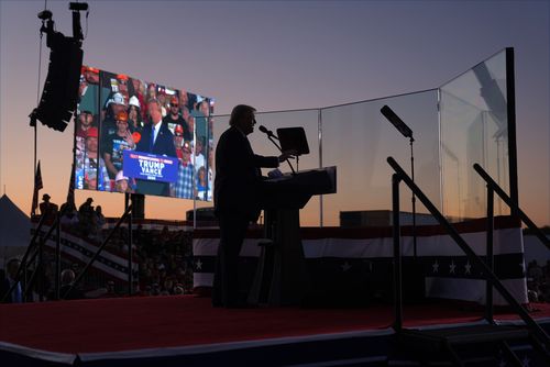 Republican presidential nominee former President Donald Trump speaks during a campaign rally at Arnold Palmer Regional Airport, Saturday, Oct. 19, 2024, in Latrobe, Pa. 