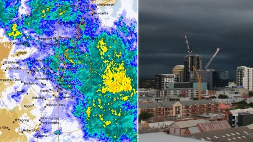 Wild weather moves towards Sydney (left) and the dark clouds gathering over Adelaide.