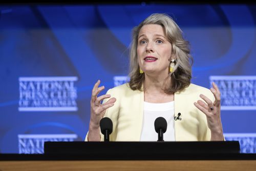 Minister for Home Affairs and Minister for Cyber Security Clare O'Neil during an address to the National Press Club of Australia in Canberra on Thursday 27 April 2023.