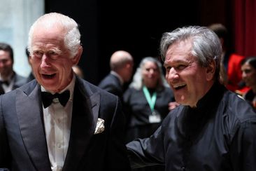 LONDON, UNITED KINGDOM - MAY 16:  Britain&#x27;s King Charles III reacts next to Antonio Pappano, on the day of an event celebrating Antonio Pappano&#x27;s 22 years as Music Director at the Royal Opera House on May 16, 2024 in London, England.   (Photo by Isabel Infantes-WPA Pool/Getty Images)