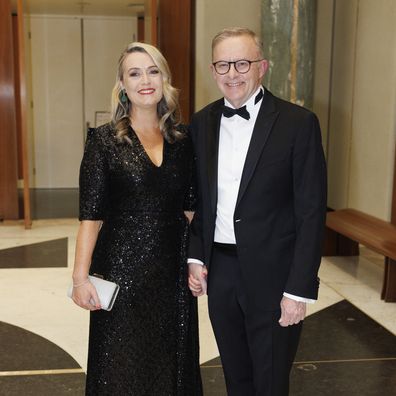 Jodie Haydon and Prime Minister Anthony Albanese during arrivals at the Midwinter Ball, at Parliament House in Canberra on Wednesday 7 September 2022. fedpol Photo: Alex Ellinghausen
