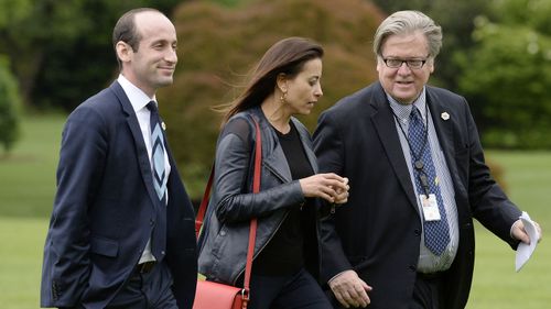 Stephen Miller and Steve Bannon, here with deputy National Security Adviser Dina Powell in 2017, both ended up working for President Trump.