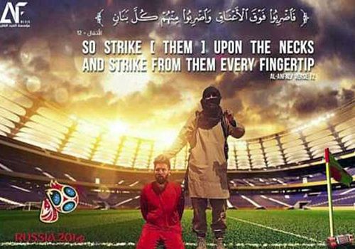 The sick ISIS propaganda poster depicting footballer Lionel Messi in an orange jump suit. 