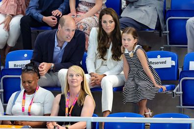 Prince William, Duke of Cambridge, Catherine, Duchess of Cambridge and Princess Charlotte of Cambridge attend the Sandwell Aquatics Center during the 2022 Commonwealth Games on August 02, 2022 in Birmingham, England 