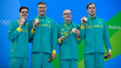 The men's 4x100m medley relay team of Mitch Larkin, Jake Packard, David Morgan and Kyle Chalmers snared a bronze medal thank's to Chalmers' fast finish. (Getty)