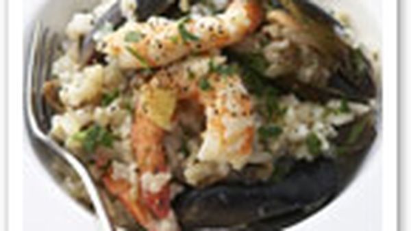 Prawn, mussel and eggplant risotto