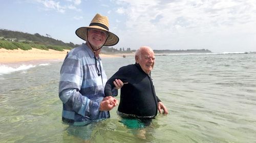 Frank Mawer enjoying a swim at his favourite holiday spot, Blue Lagoon on the NSW Central Coast.