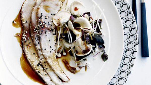 Seared kingfish with mushrooms, black fungi, pickled ginger and sesame dressing