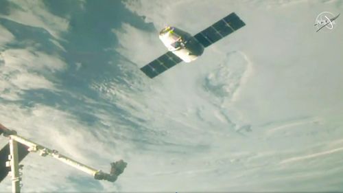A delivery of smoked turkey, fruitcake and other Christmas goodies has arrived at the International Space Station after a slight delay caused by a communication drop-out.
