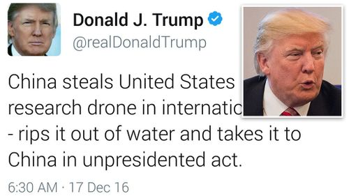 US President-elect Donald Trump responds to China’s capture of US drone by tweeting ‘let them keep it’