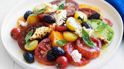 <strong>Heirloom tomato salad with baked ricotta and olives</strong>