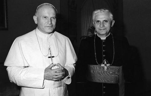 Pope John Paul II, left, stands next to German Cardinal Joseph Ratzinger at the Vatican in 1979. Ratzinger went on to become Pope Benedict XVI.