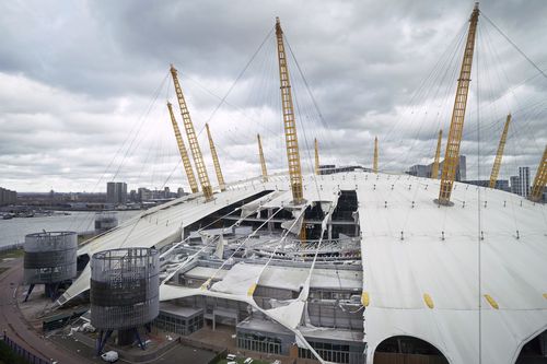 A view of damage to the roof of the O2 Arena, caused by Storm Eunice, in south east London, Friday, Feb. 18, 2022.  