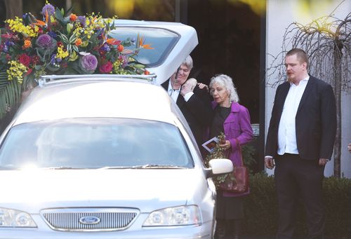 Family and friends of murdered Melbourne comedian Eurydice Dixon are seen during a private funeral service in Brunswick, Melbourne.