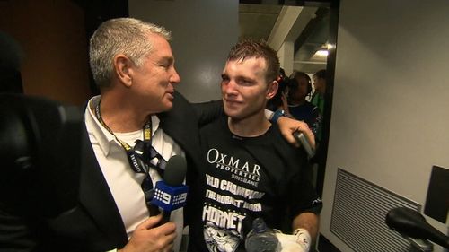 Williams and Horn share a moment after the stunning win. (9NEWS)