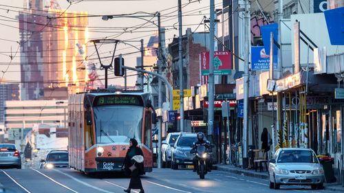 A tram headed for Coburg is seen on Sydney Road in Brunswick, Melbourne. 