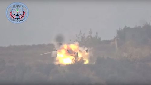 A still from the video shows the moment the Russian helicopter explodes. (Supplied)