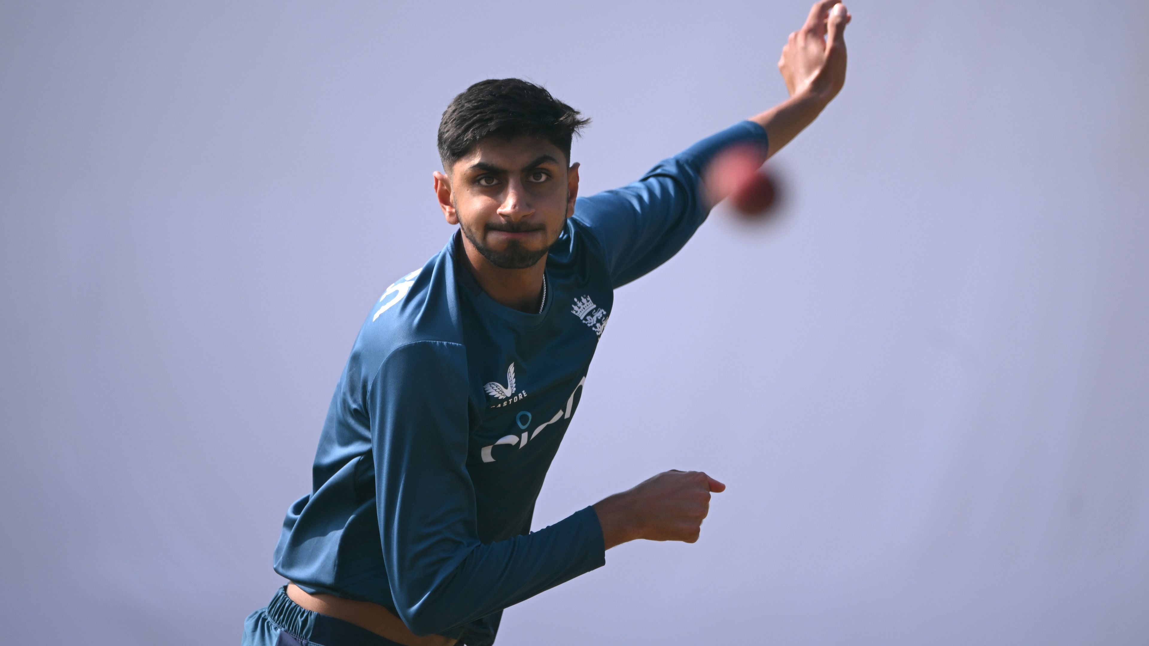 Shoaib Bashir in bowling action during England practice ahead of the second Test against India.